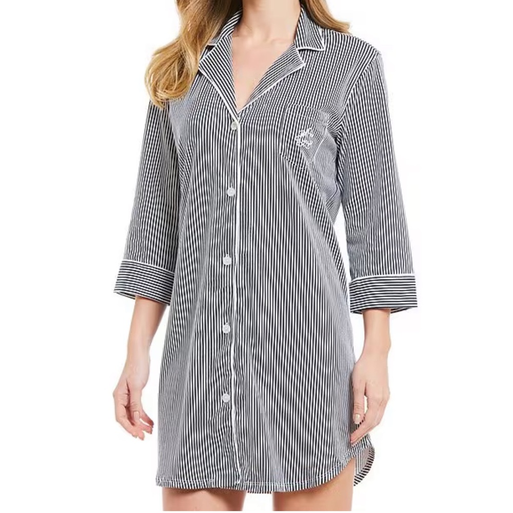 Lauren Ralph Lauren Classic Notch Collar 3/4 Sleeve Striped Cotton Nightshirt